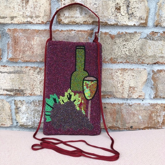 Bamboo Trading Company Red Wine Lovers Club Bag Beaded Phone Crossbody, Merlot - Picture 2 of 14